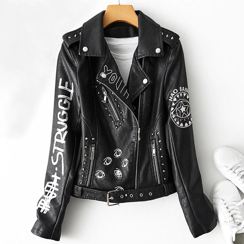 Fitaylor automne hiver femmes Graffiti imprimé veste en simili cuir dame Moto vélo manteau en cuir P