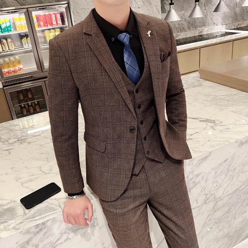 Ensemble trois pièces pour hommes, mode britannique, coupe cintrée, gilet, pantalon, beau, tendance,