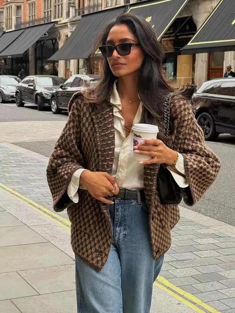 Cardigans tricotés à manches longues pour femmes, marron, élégant, revers, simple boutonnage, pull a