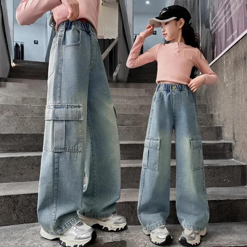 Jeans cargo pour filles, pantalons en denim à jambes larges pour enfants, vêtements de rue tendance 