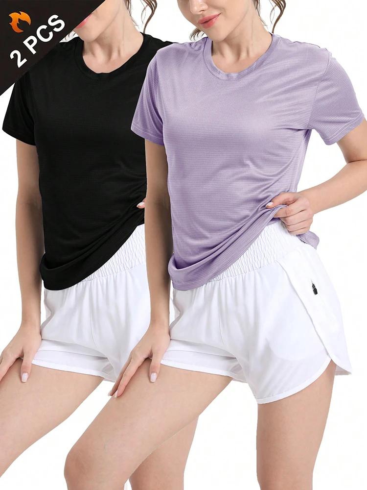 T-Shirt de Sport ultraléger à séchage rapide pour femmes, 2 pièces, couleur unie, haut léger et resp