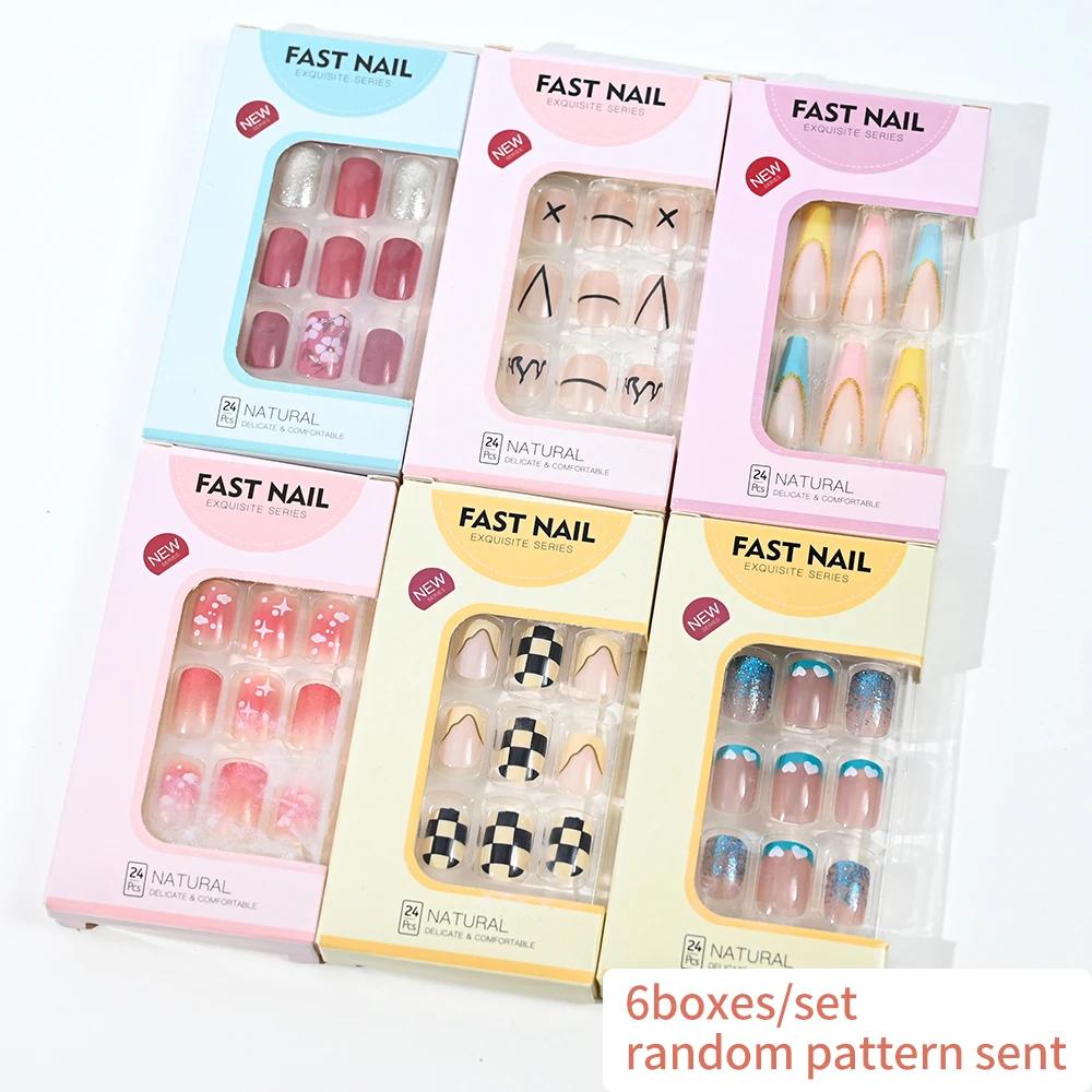 6 boîtes/ensemble court carré faux ongles amour design presse sur ongles Style mixte motif aléatoire