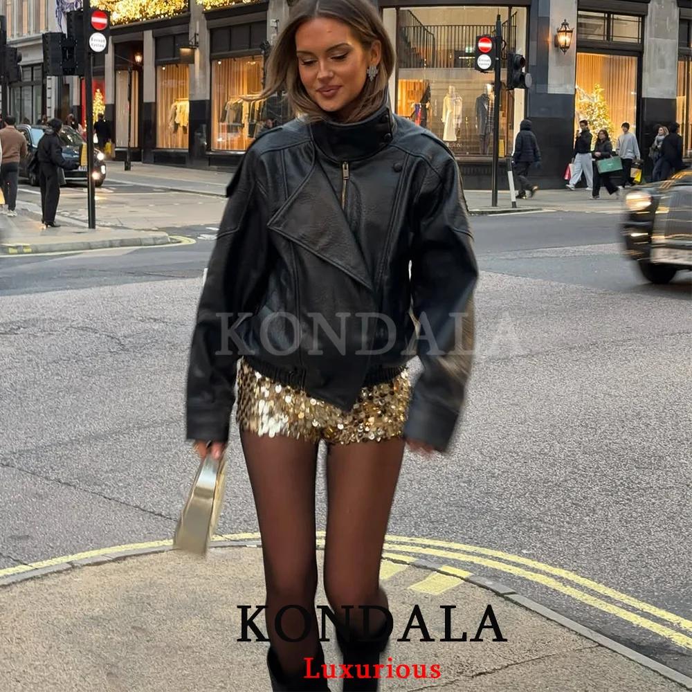 KONDALA décontracté Chic noir en cuir vestes femmes à manches longues boutons élastique surdimension