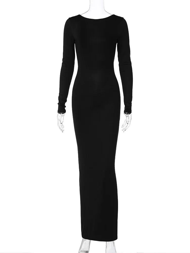 Hugcitar printemps élégant à manches longues dos nu solide froncé Sexy moulante Maxi robe de bal fem