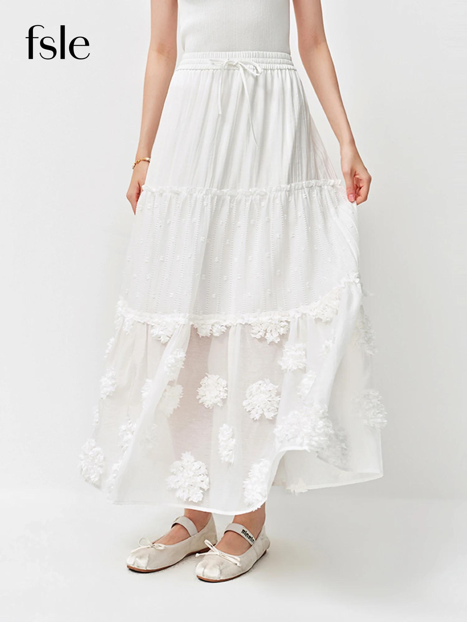 Jupe midi superposée FSLE 2026 pour femme, jupe trapèze blanche brodée de fleurs 3D pour un style ré