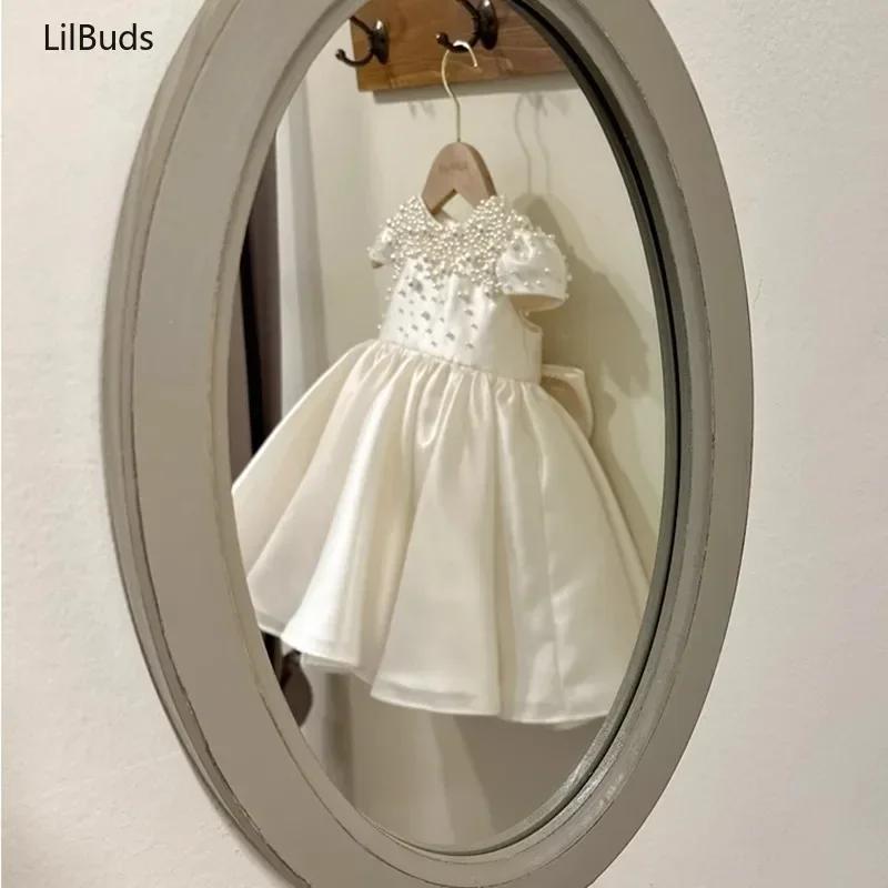 Robe en satin blanc faite à la main pour bébé fille, élégante et mignonne, pour fêtes, mariages, vêt