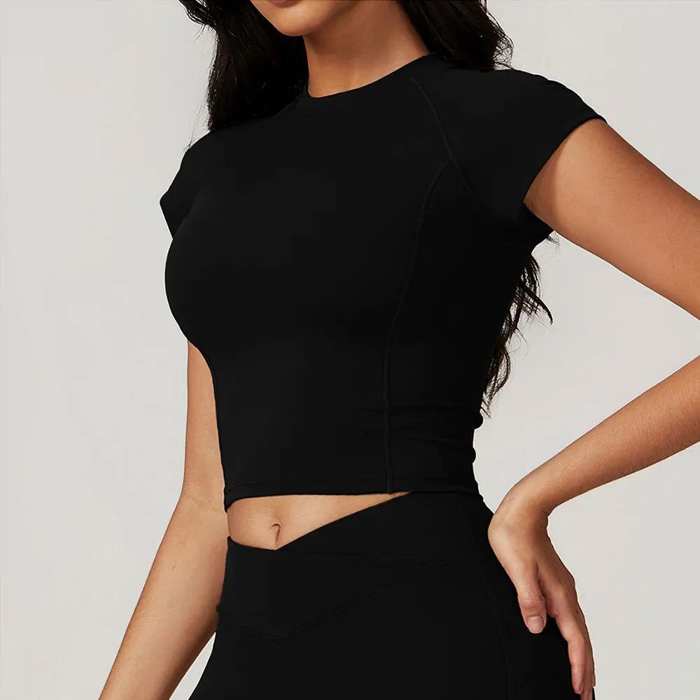 T-shirt de sport sexy à manches courtes pour femme, vêtement d'entraînement, de yoga, serré, de cour