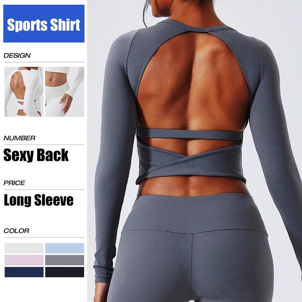 Chemise de yoga Cloud Hide SEXY dos nu gris pour femmes, manches longues, chemisier de Pilates, haut