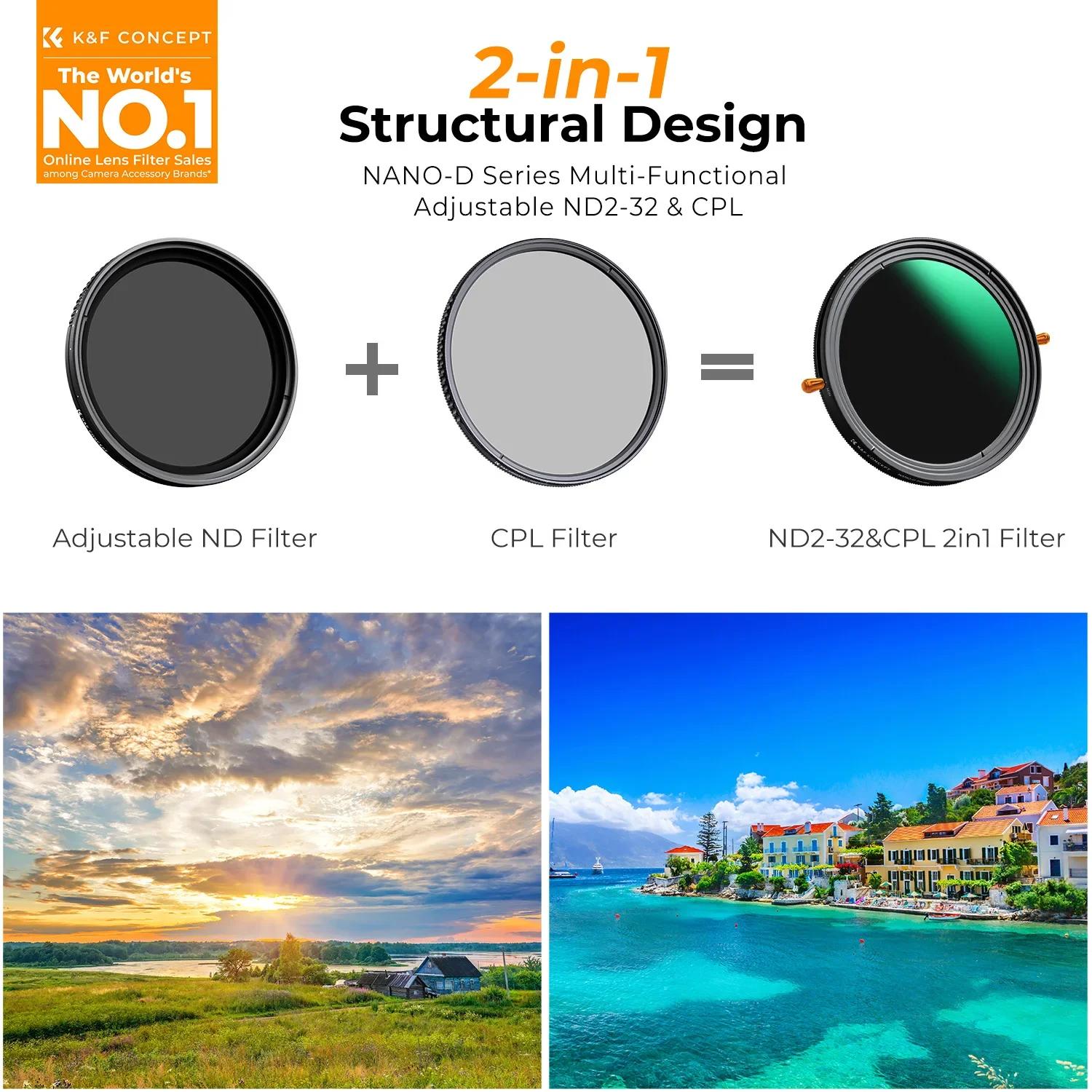 Filtre d'objectif 2-en-1 K&F CONCEPT ND & CPL ND2-ND32 (1-5 Stops) à densité neutre variable et pola