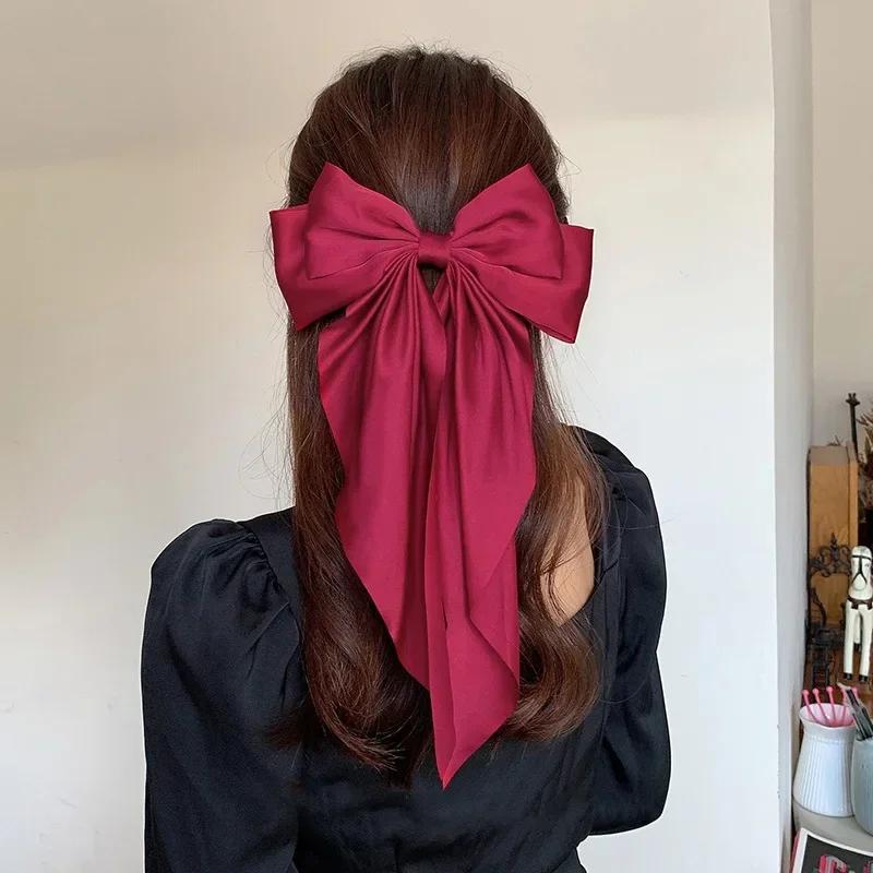 Pinces à cheveux pour femmes et filles, accessoires coréens, grand nœud papillon, Long ruban en Sati