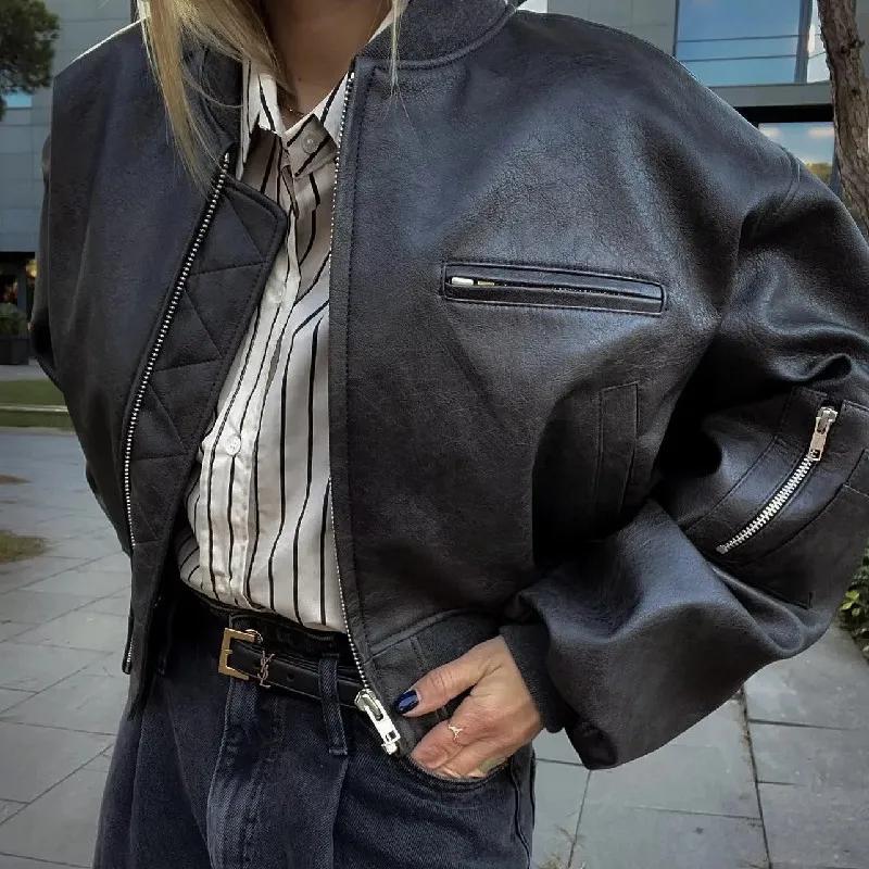 Y2K-Blouson en Cuir PU pour Femme, Col en V Côtelé, Manches sulf, Fermeture Éclair, Manteau Matelass