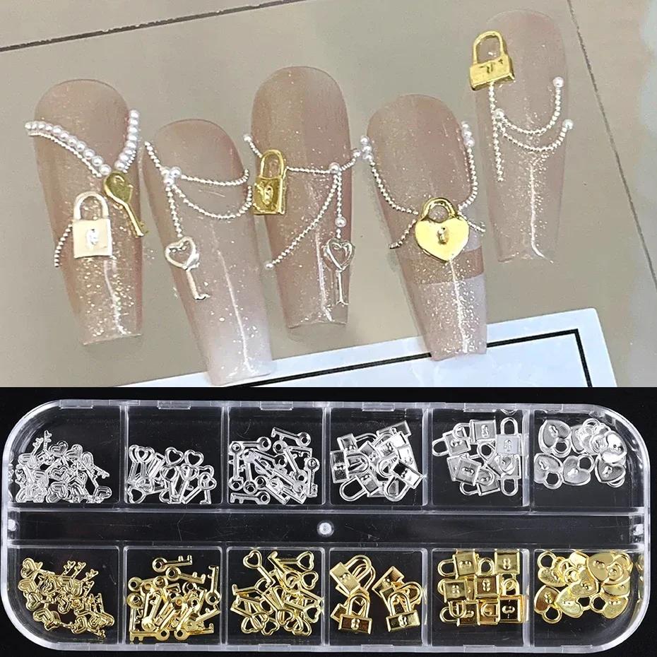 Clé de verrouillage en métal or argent, 12 grilles, pièces de décoration d'ongles, breloques en form