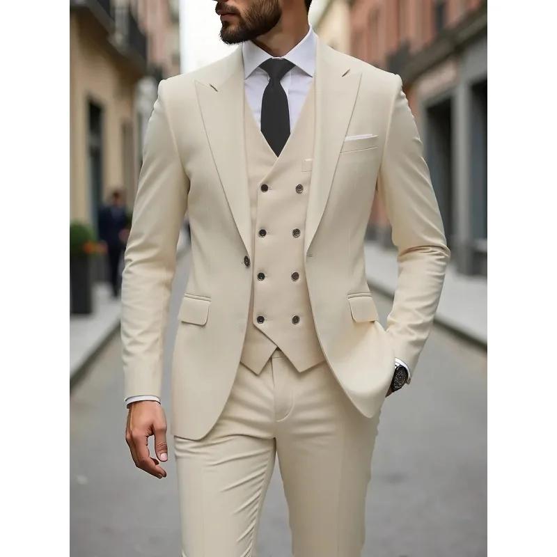 Costume homme fin et simple, couleur unie, simple boutonnage, style britannique, manches longues, av