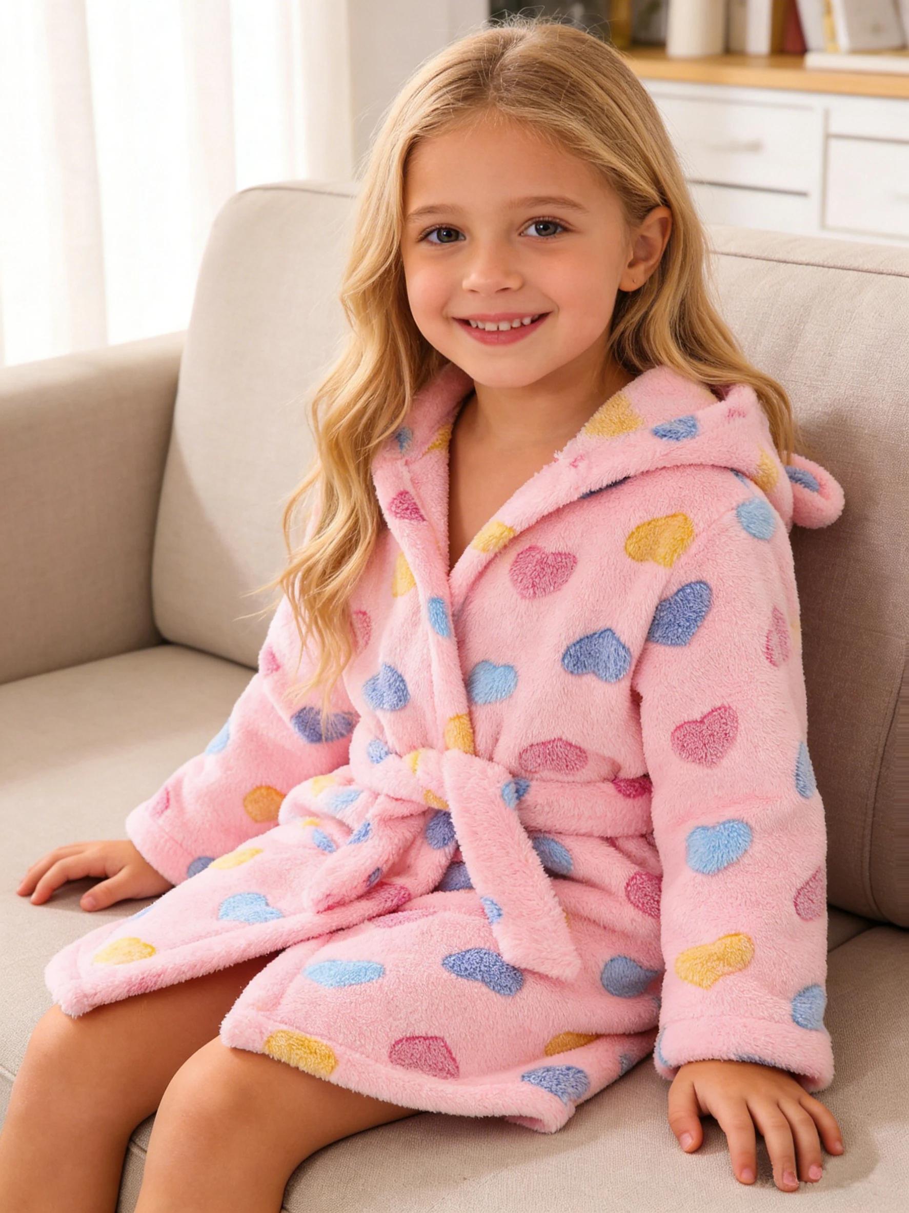 Peignoir pour filles, automne/hiver, manches longues et capuche, tissu doux et chaud pour porter à l
