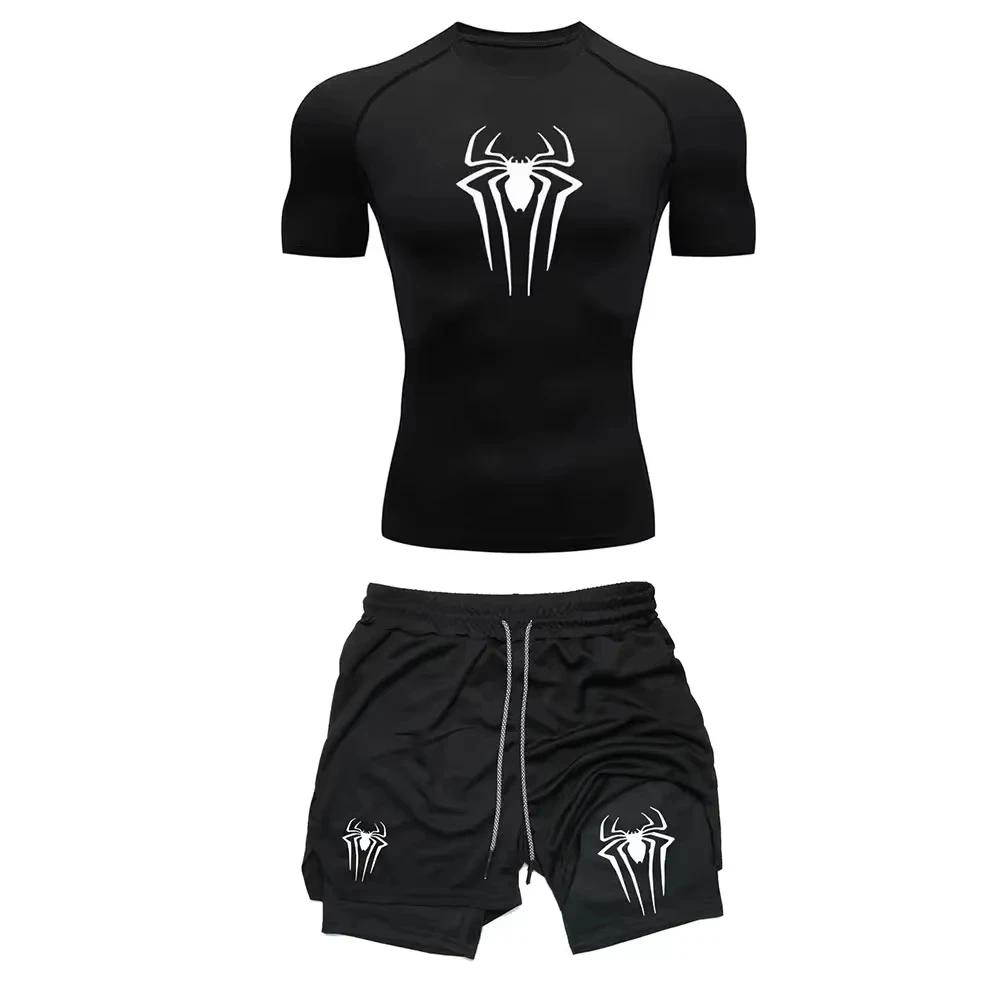 Ensemble de Compression d'entraînement pour hommes, t-shirt de gymnastique imprimé araignée Y2K, sho
