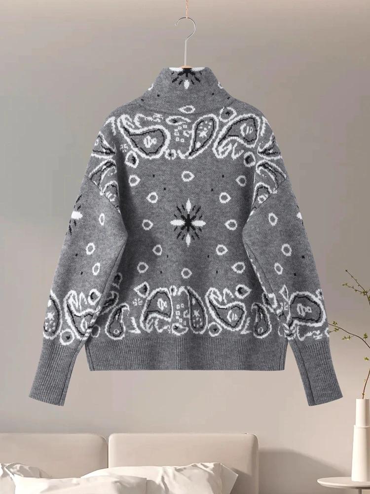 Cardigan Vintage en tricot Jacquard à col montant pour femme, fermeture éclair, manches longues, poc