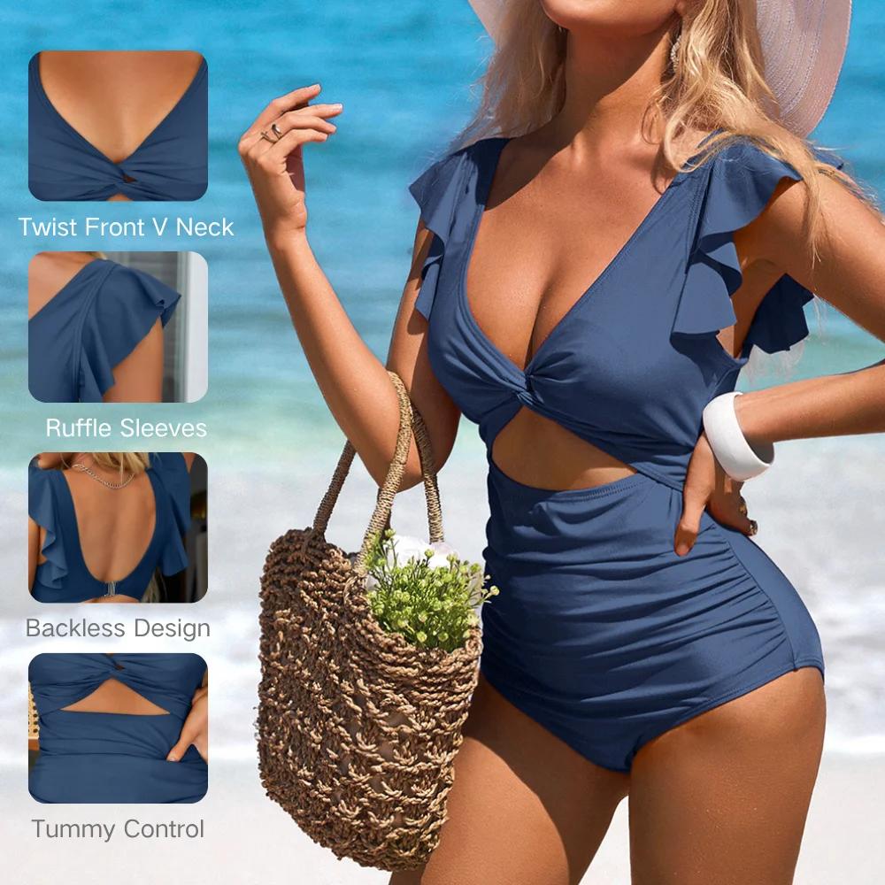 Anfilia – maillot de bain une pièce à volants, col en V, froncé, Monokini, pour femmes