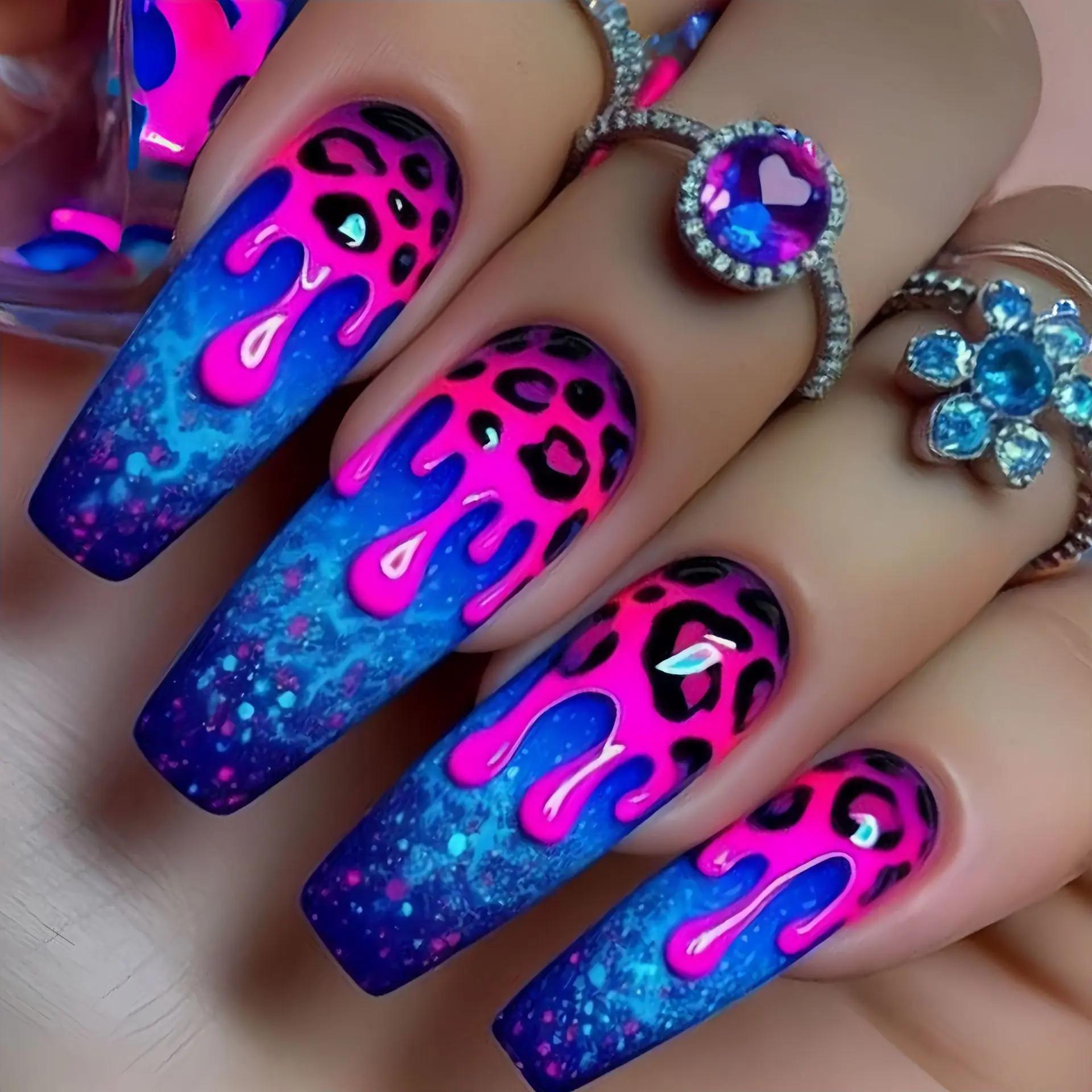 Faux ongles courts, moyens et longs, pointes carrées pour ballet, dégradé, violet, rose, bleu, léopa