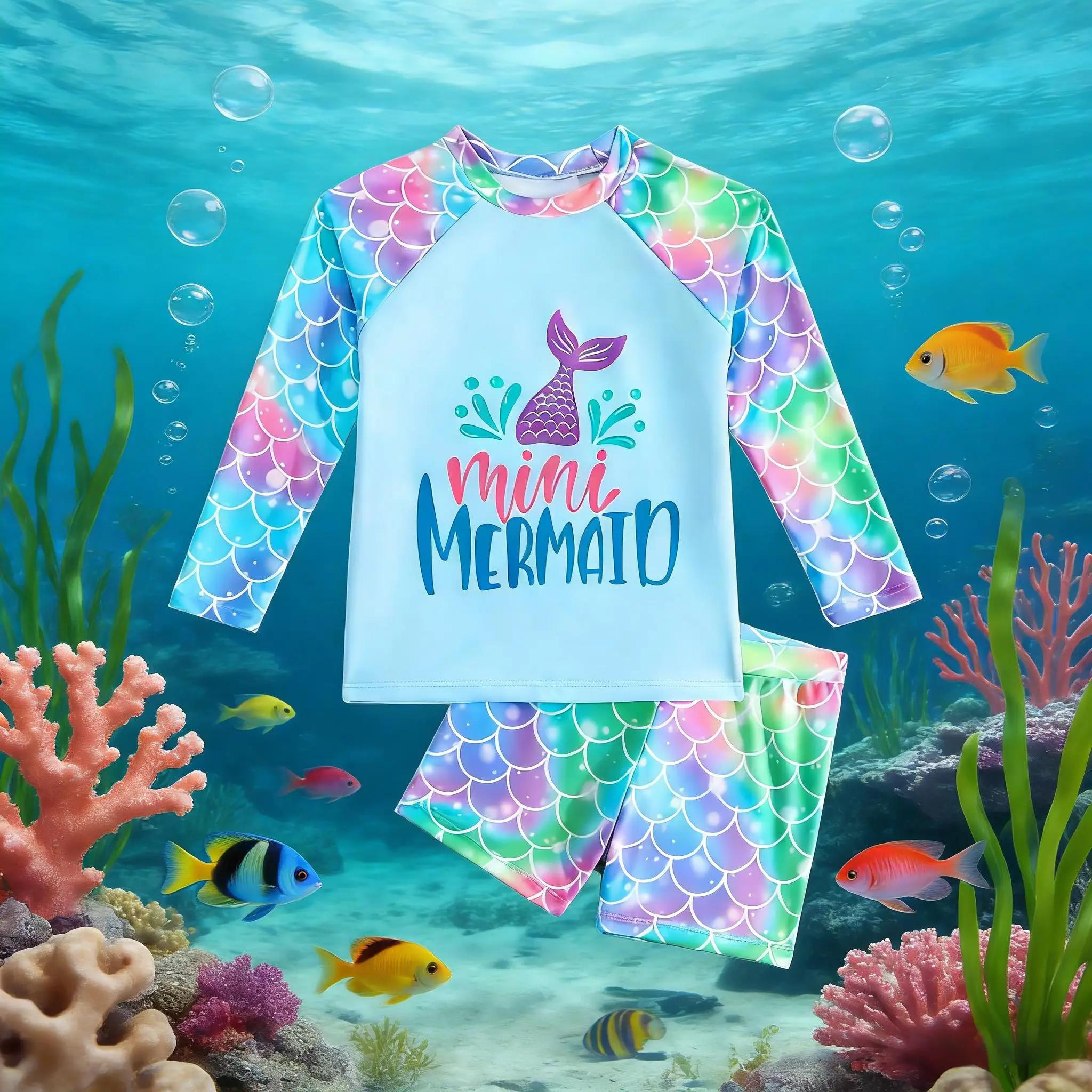 Maillot de bain 2 pièces pour filles, ensemble échelle de sirène, manches longues, Mini imprimé sirè