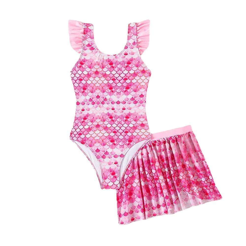 Nouveau maillot de bain une pièce pour filles avec jupe de plage rose imprimé sirène maillot de bain