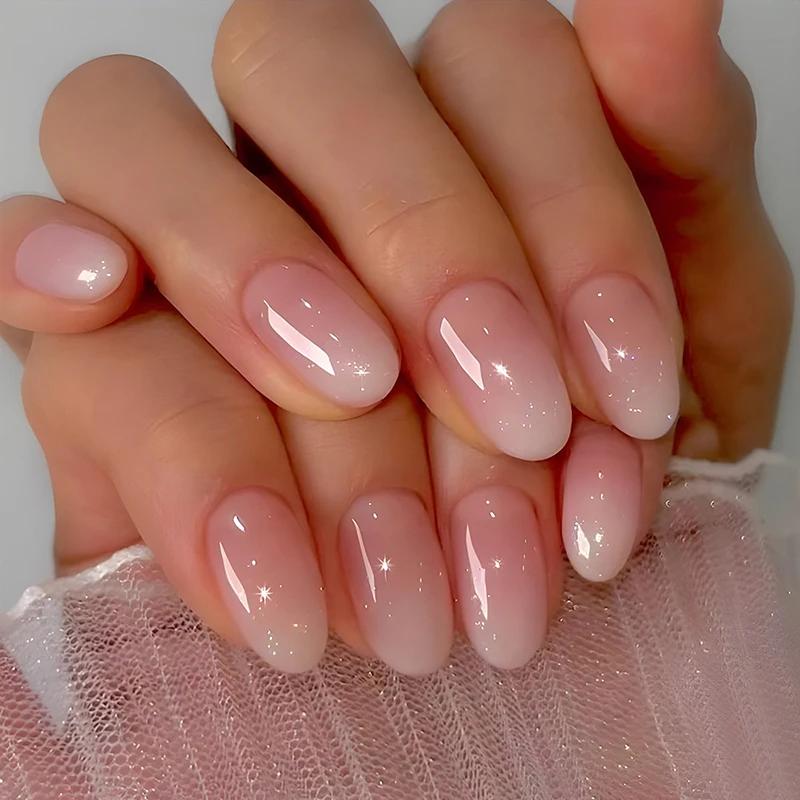 Faux ongles courts ovales dégradés rose pour femmes et filles, finition brillante, couverture complè