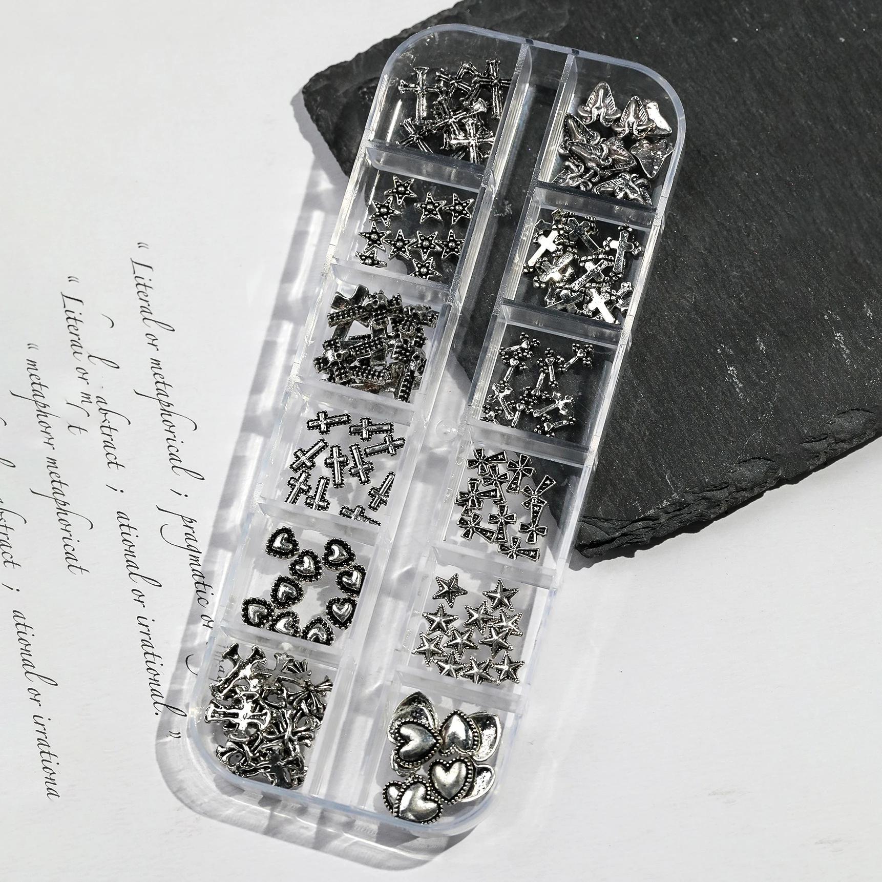 Boîte de 12 grilles Vintage en forme de croix en alliage de Zinc, bijoux pour ongles, fournitures en