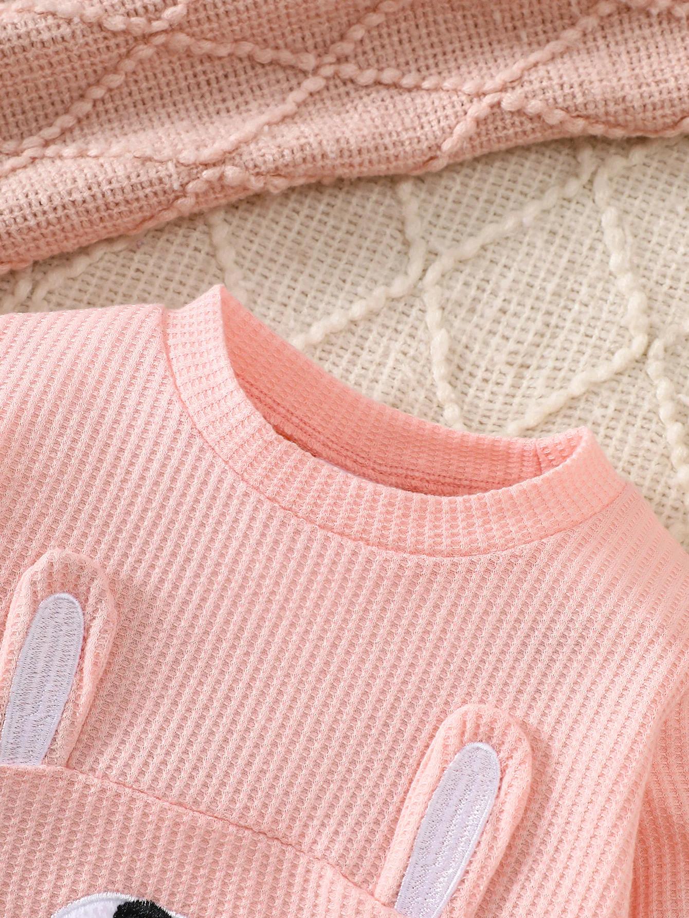 Broderie de lapin mignon pour bébés et tout-petits, sweat-shirt gaufré, pantalon de jogging rayé, en