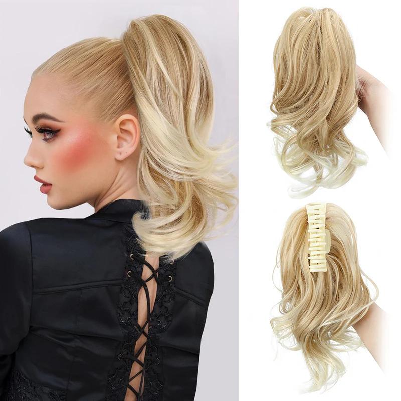Extension de cheveux synthétique courte ondulée bouclée à clip, queue de cheval résistante à la chal