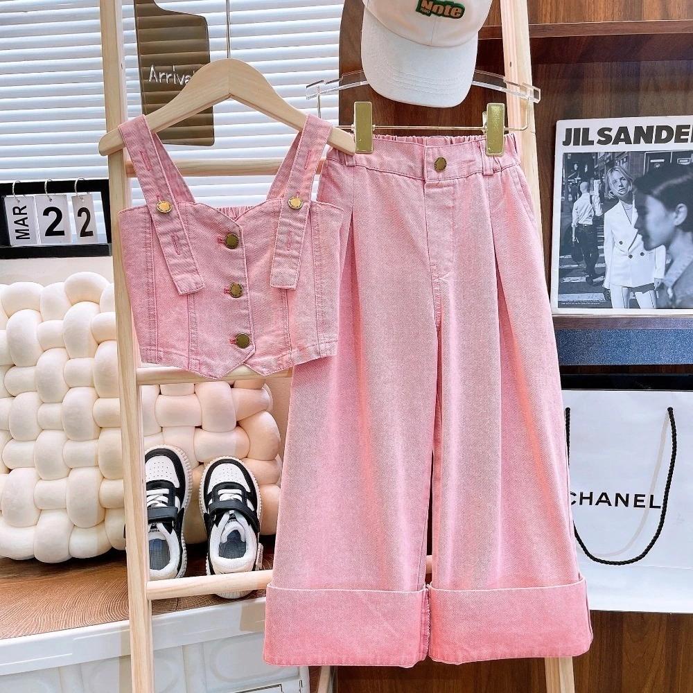 Costume d'été en Denim pour filles de 4 à 13 ans, couleur unie, bretelles + pantalon à jambes droite