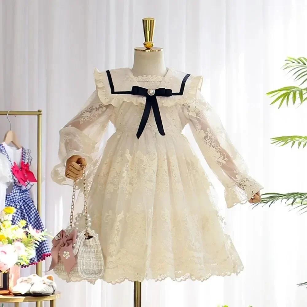 Robe coréenne à fleurs Beige pour filles, avec nœud en dentelle, manches longues, décoration pour ad