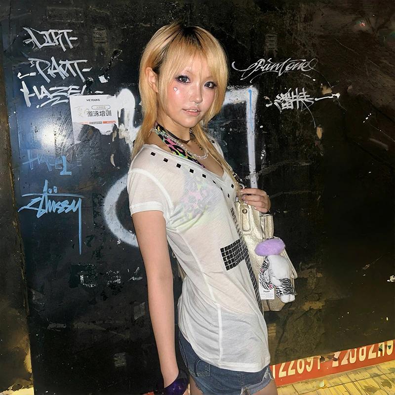 Karrram japonais Y2k métal croix imprimé T-shirt Vintage Harajuku manches courtes transparent hauts 