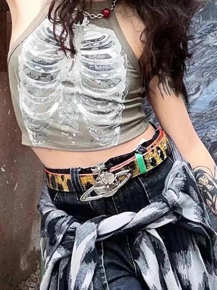 Punk Aesthetic Cyber Retro X-ray Skeleton Print Rib Sleeveless Vest ArmyGreen Crop Top Designer Clot