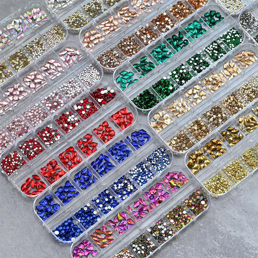 Strass 3D or/Champagne pour Nail Art, 12 grilles, formes mixtes, diamants en verre à dos plat, brelo