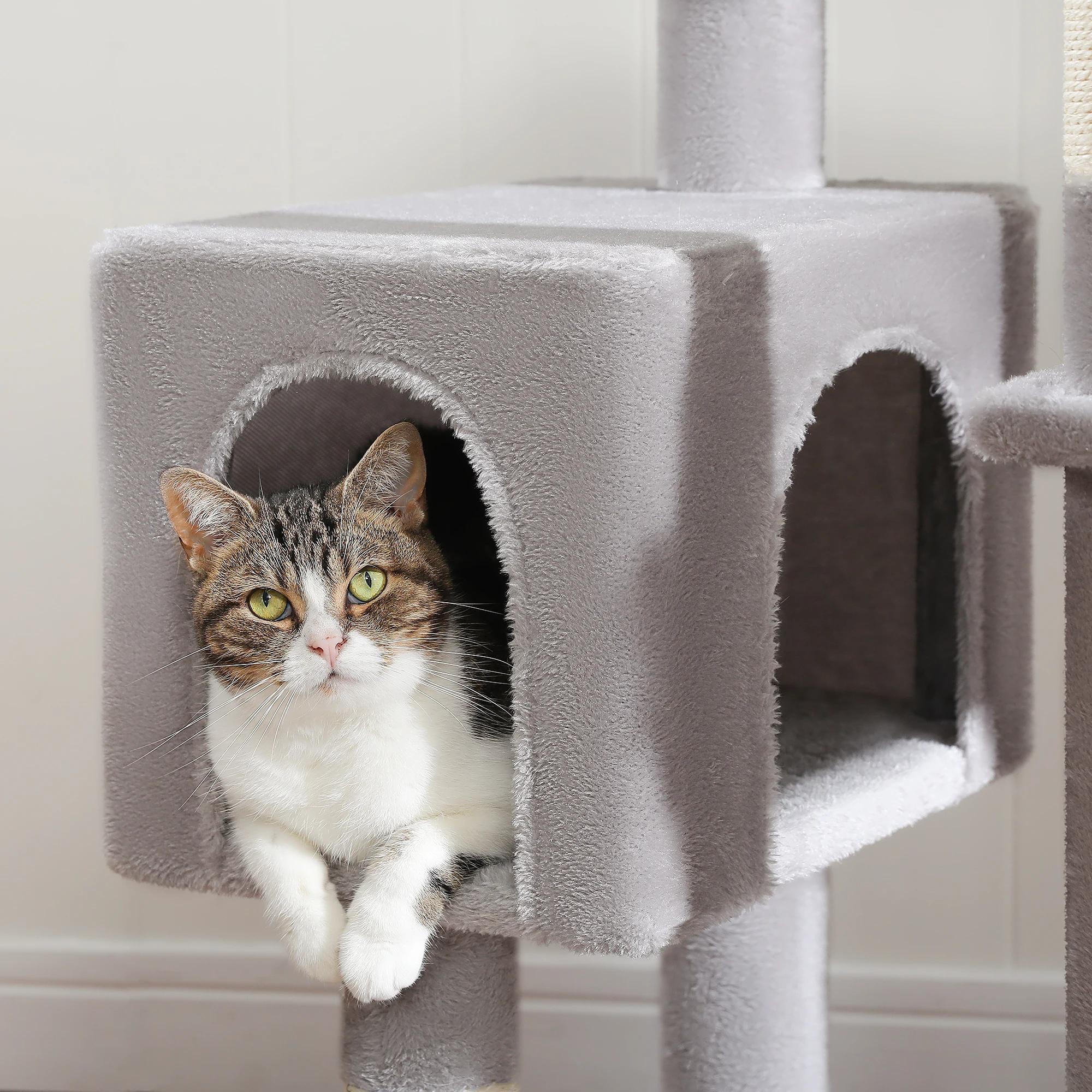 Grand condo pour chats d'intérieur, arbre à chat avec hamac, griffoirs, 2 perchoirs