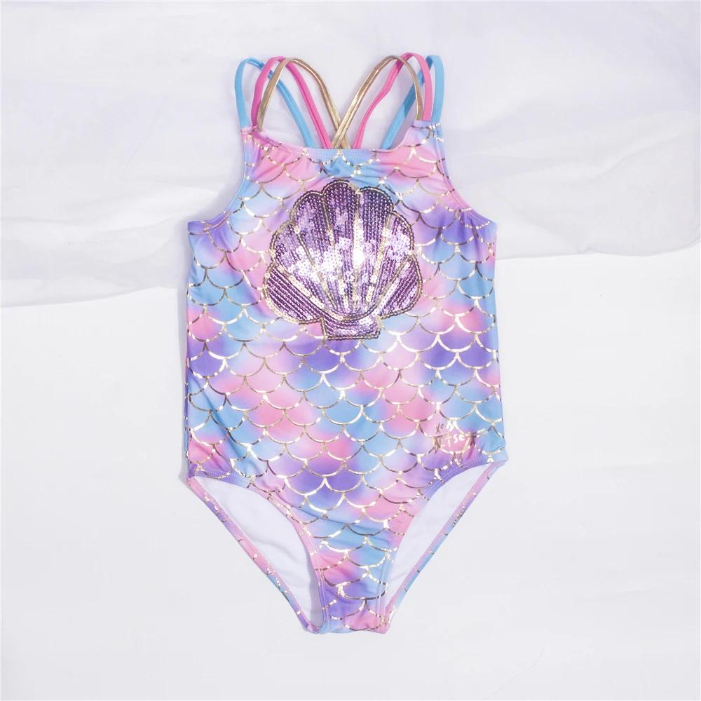 Maillot de bain une pièce pour filles et enfants, motif écailles de poisson, broderie en forme de co