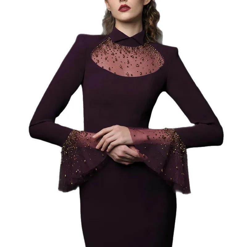 Nouvelle Collection 2026 – Robe Longue de Créateur pour Femme avec Col à Revers, Maille Patchwork, D