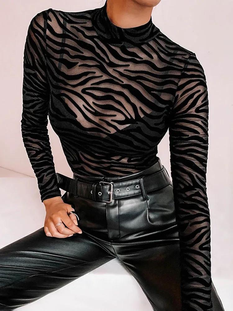 Body Sexy en maille noire transparente, manches longues, Slim, à rayures, col montant, barboteuse dé