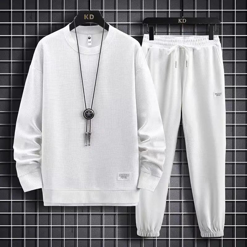 2025 printemps et automne nouveaux hommes gaufre deux pièces sweat-shirt décontracté et pantalon de 