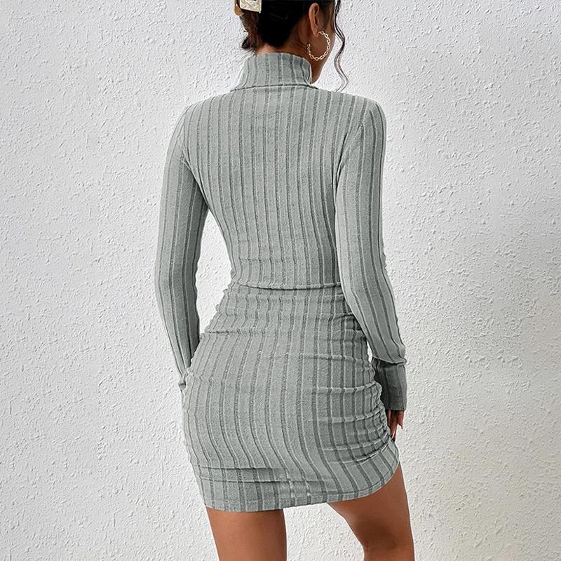 Nouvelles Robes Automne Hiver Femme Manches Longues Col Roulé Unies Sexy Moulantes Fourreau Mini Rob