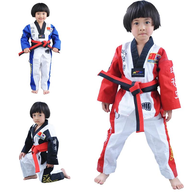 Uniforme de Taekwondo Dobok col V pour adultes et ados - Vêtements TKD noirs rouge et bleu certifiés WTF 3 documents