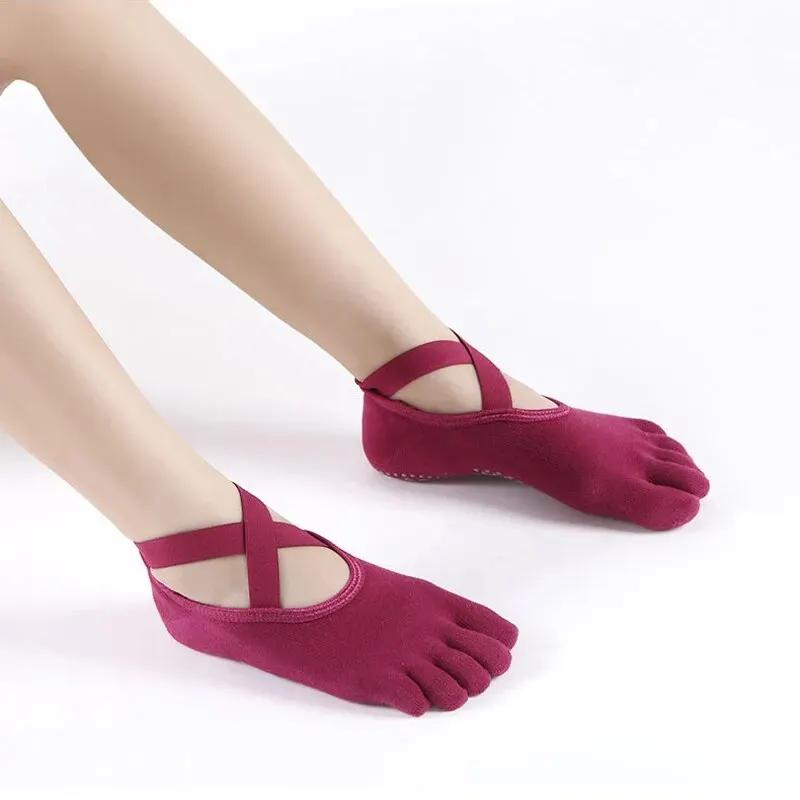 Chaussettes de Yoga respirantes à cinq orteils pour femmes, chaussettes de Pilates à bandes antidéra