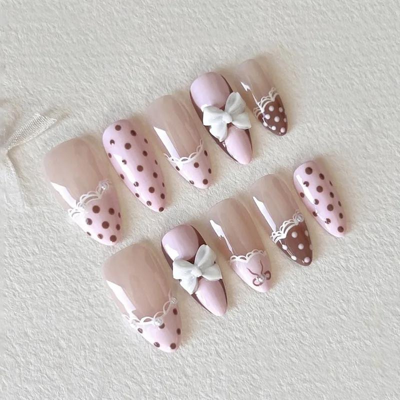 24 faux ongles en gel press-on rose bonbon, pois marrons, nœud papillon blanc 3D, faux ongles pour f
