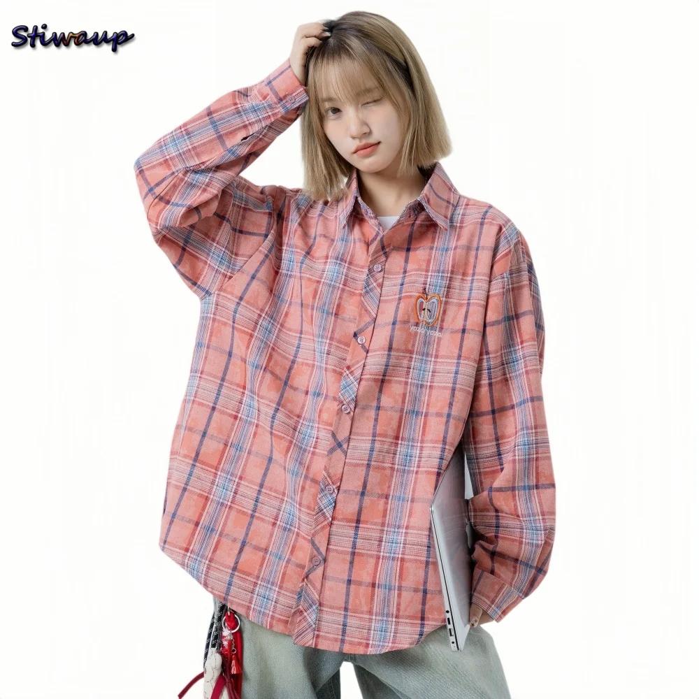 Chemisier à carreaux oversize pour femme avec broderie pomme – Blouses et chemises décontractées ten