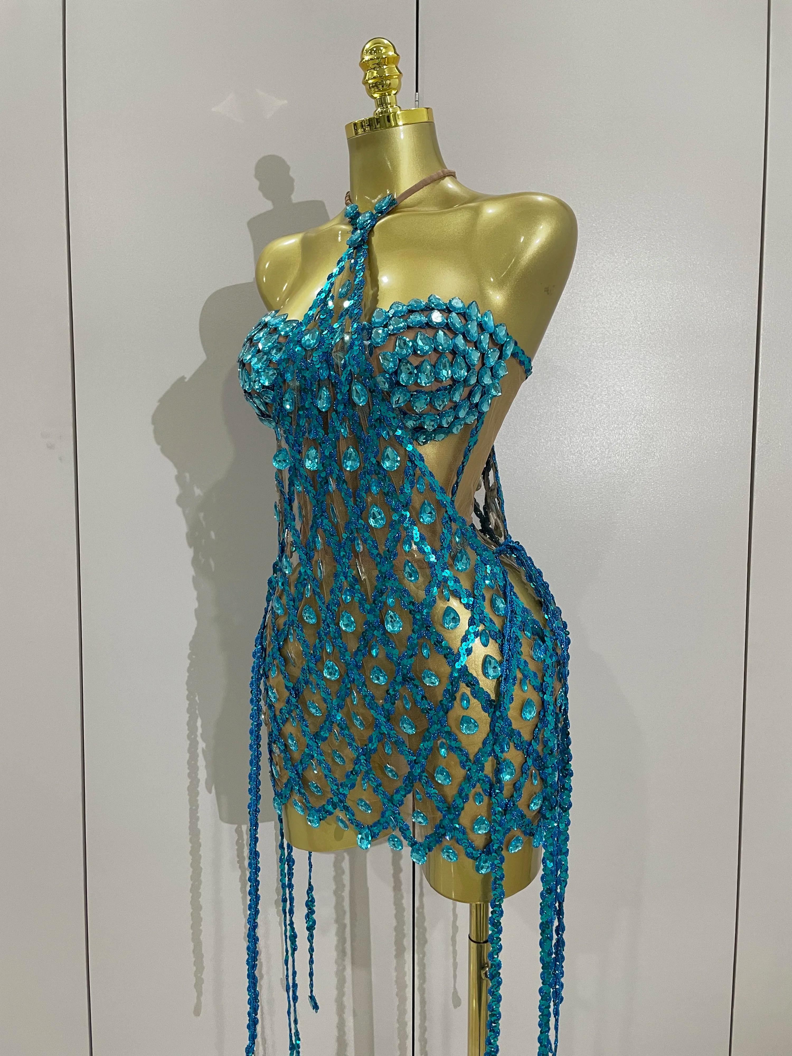 Ensemble deux pièces Transparent en maille de diamant pour femmes, Sexy, paillettes scintillantes, r