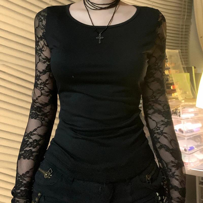 SUCHCUTE noir gothique T-shirt pour femmes Sexy Club dentelle Semi-transparent à manches longues cul
