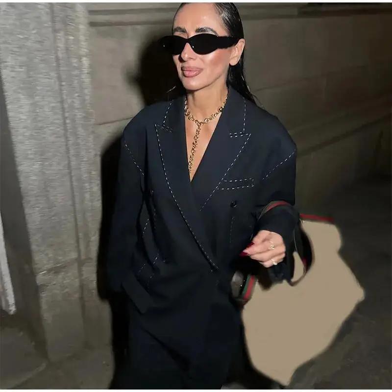 Blazer rayé pour femme, décontracté, ample, à revers, double boutonnage, manches longues, veste de b