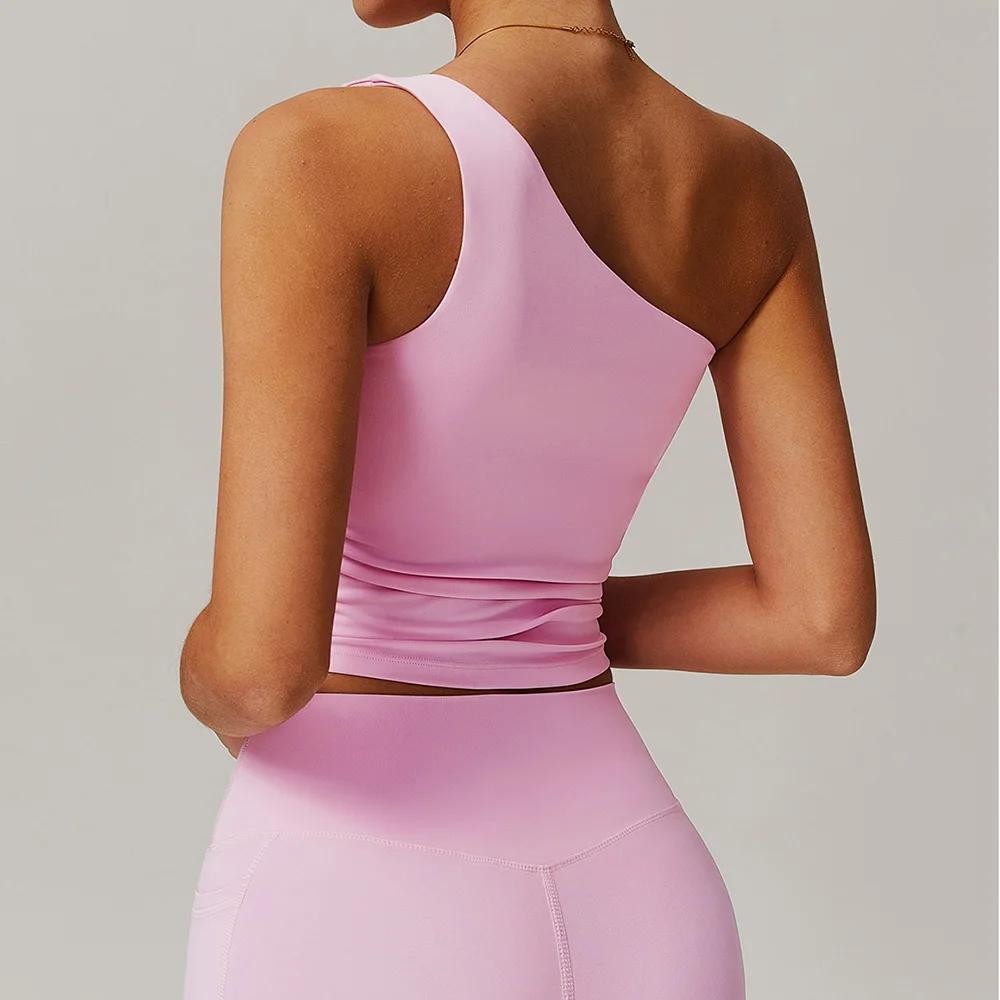 Soutien-gorge de sport push-up femme gilet asymétrique épaule dénudée fitness rembourré Yoga