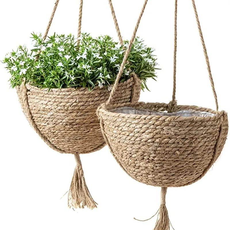 Ensemble de paniers de jardinières suspendus en jonc de mer naturel, Pots de plantes d'intérieur, dé