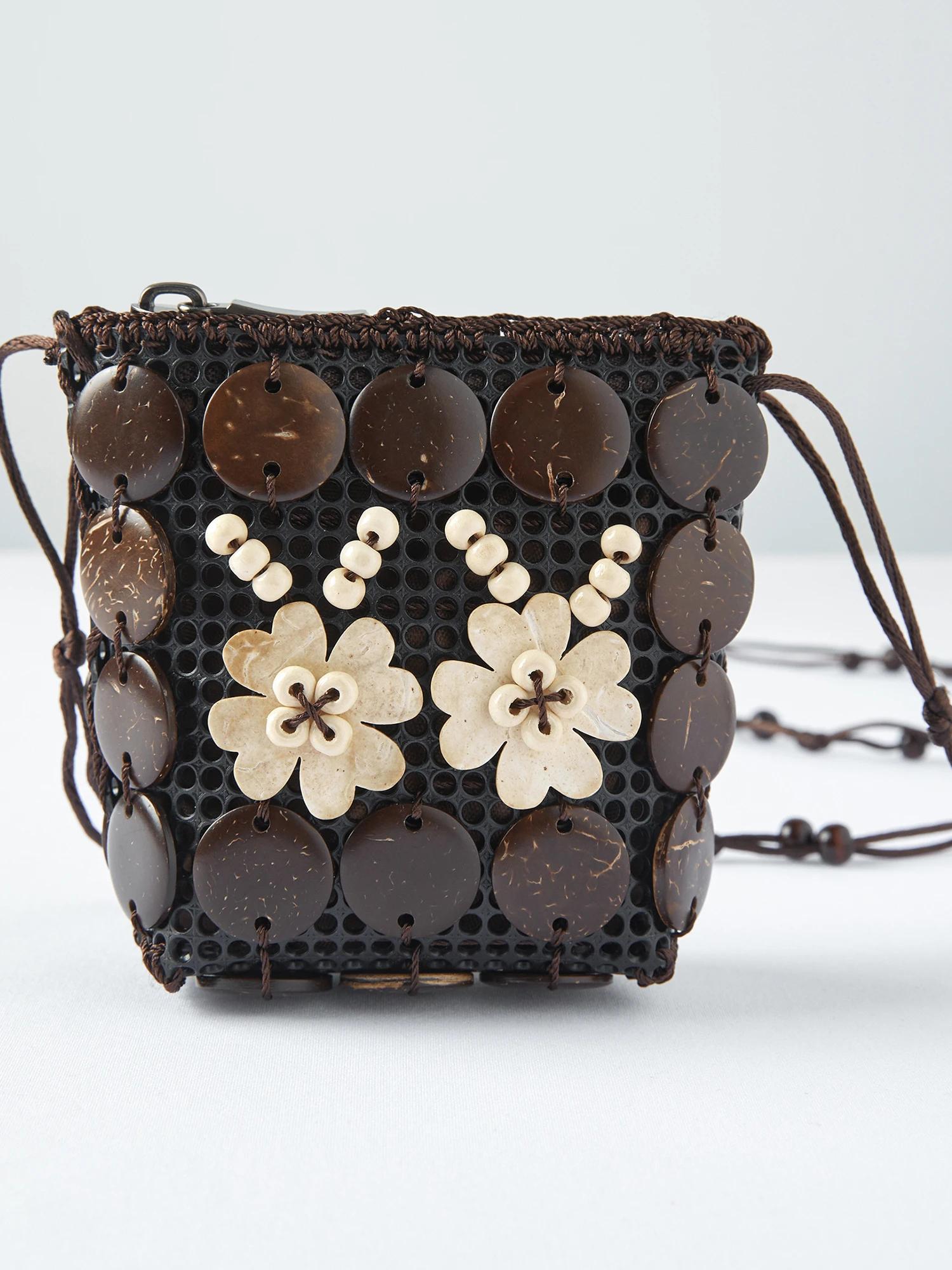 Sac bandoulière mini en perles de bois tressé à la main ZIQIAO 2026 pour femme - Style rétro avec ac