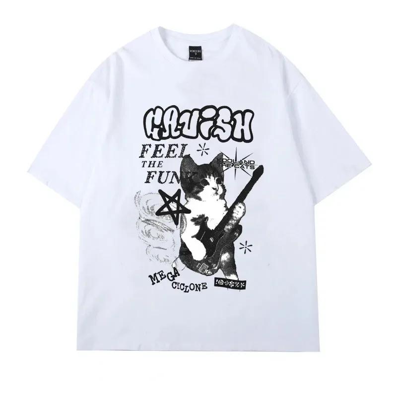 JEGraphic-T-shirt à manches courtes Cat Rock pour femmes, Streetwear américain, Vêtements d'été, Mod